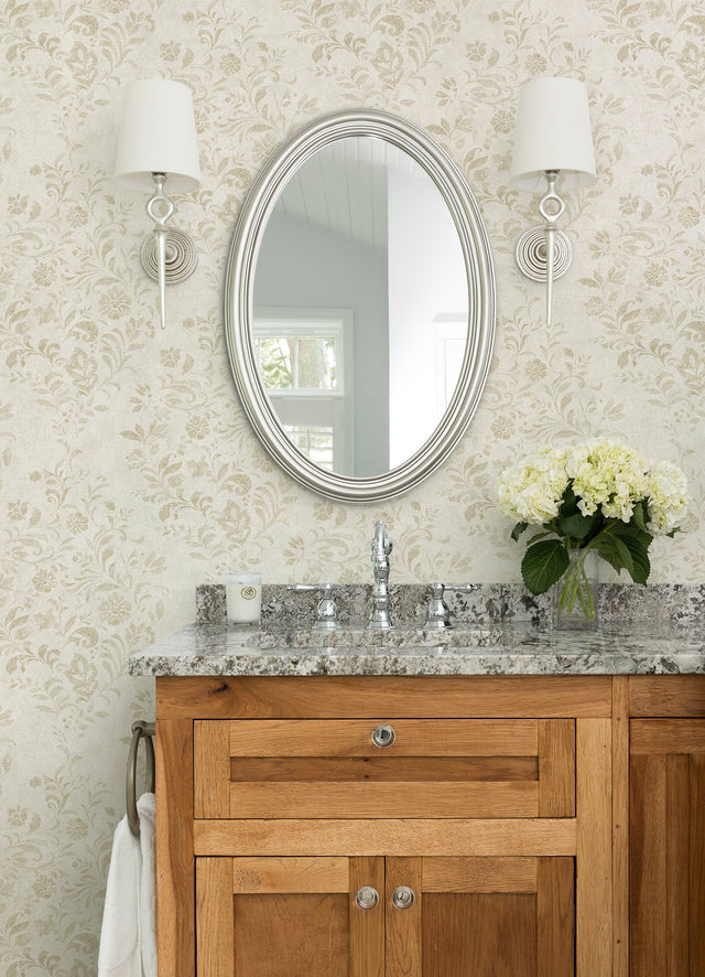 Isidore Wheat Scroll Wallpaper with Botanical Distressed Scrolls - Chesapeake 4072-70007