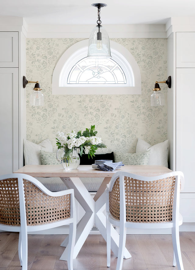 Isidore Aqua Scroll Wallpaper with Botanical Scrolls - Chesapeake 4072-70009