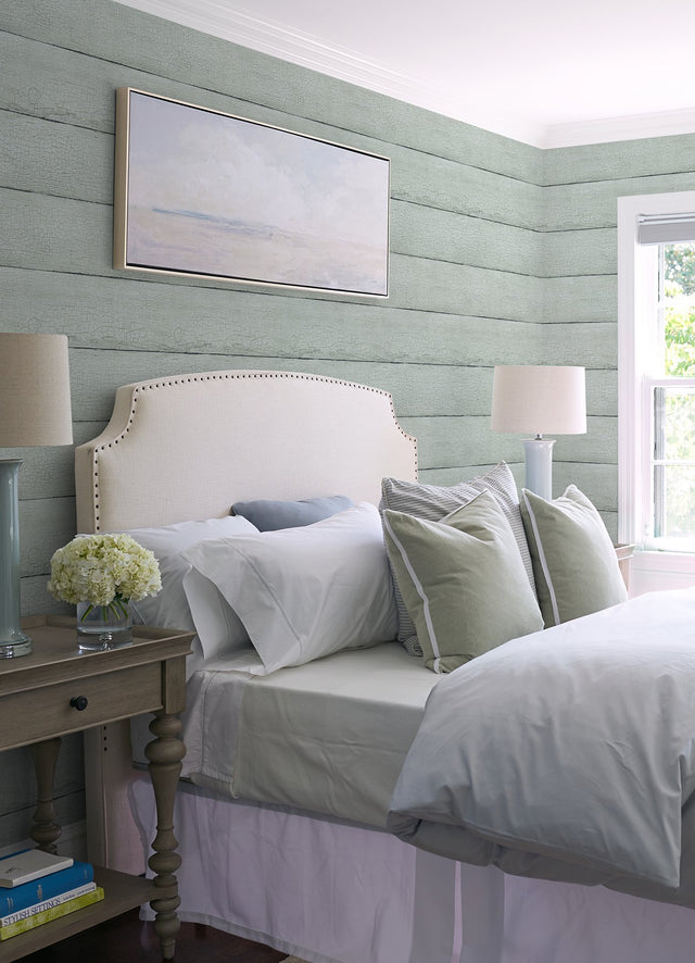 Morgan Seafoam Distressed Wood Wallpaper with Country Wood Plank Motif - Chesapeake 4072-70013