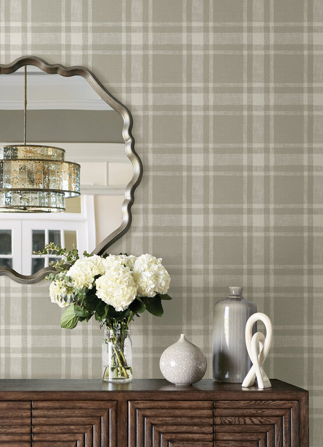 Antoine Taupe Flannel Wallpaper with Fabric & Woven Textures Plaid - Chesapeake 4072-70018
