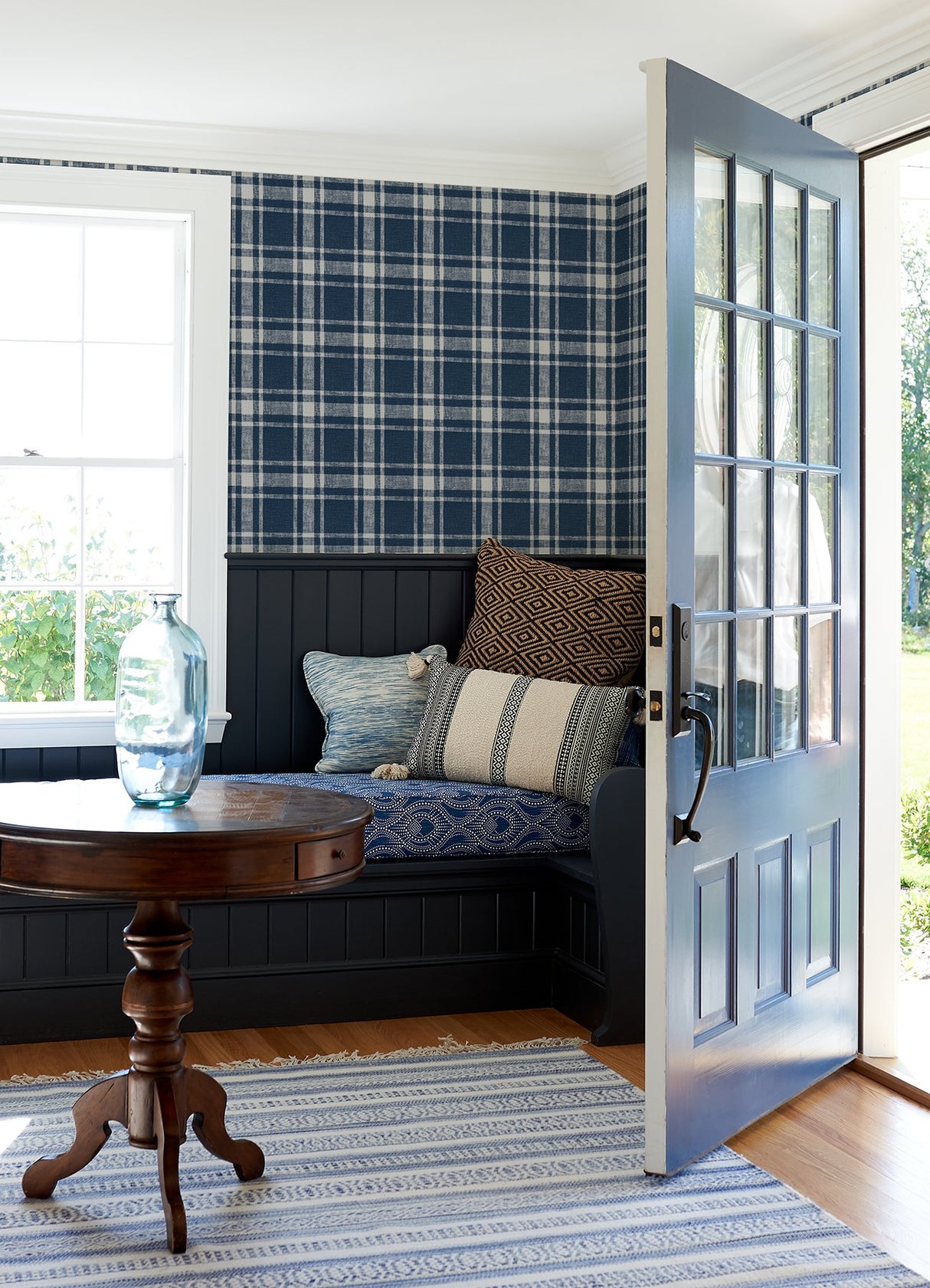 Antoine Dark Blue Flannel Wallpaper with Plaid Fabric Texture - Chesapeake 4072-70019