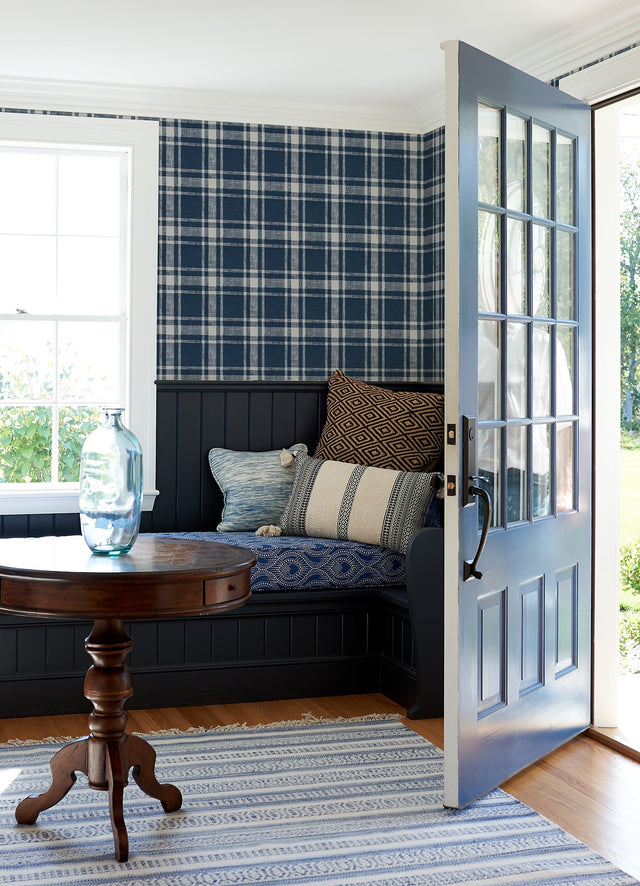 Antoine Dark Blue Flannel Wallpaper with Plaid Fabric Texture - Chesapeake 4072-70019