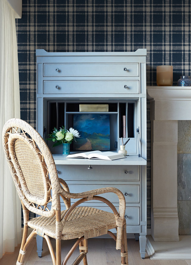 Antoine Dark Blue Flannel Wallpaper with Plaid Fabric Texture - Chesapeake 4072-70019