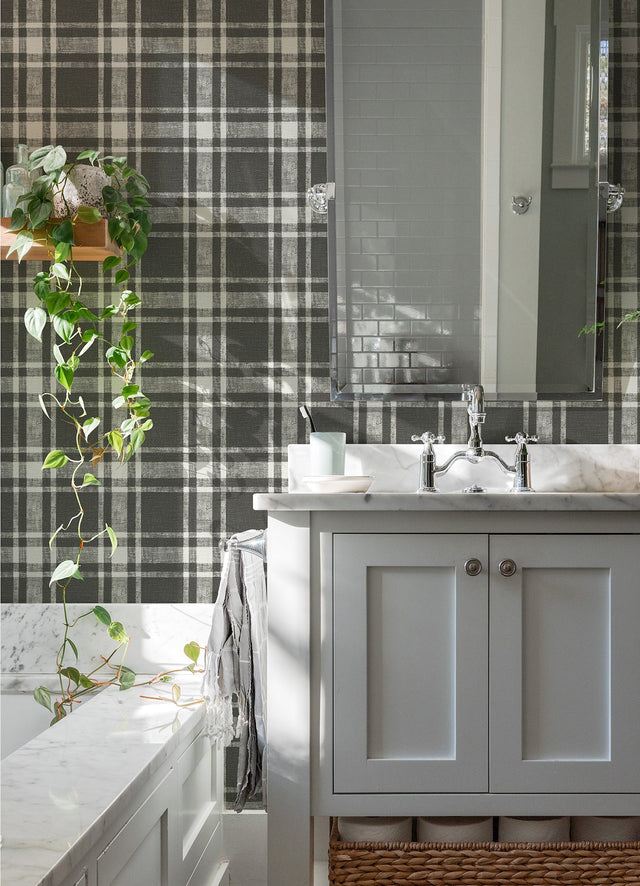 Antoine Charcoal Flannel Wallpaper with Fabric & Woven Textures Plaid - Chesapeake 4072-70020