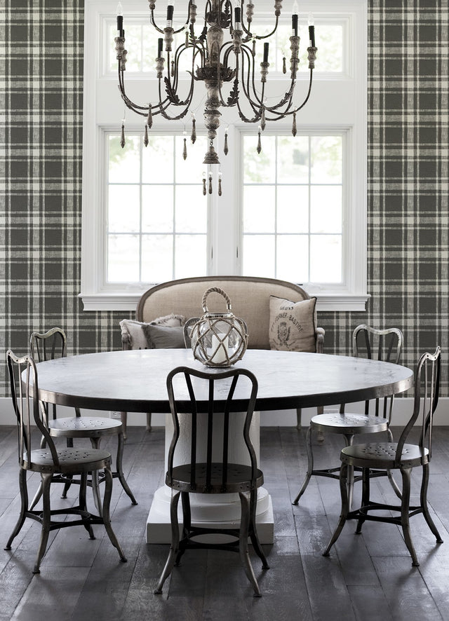 Antoine Charcoal Flannel Wallpaper with Fabric & Woven Textures Plaid - Chesapeake 4072-70020