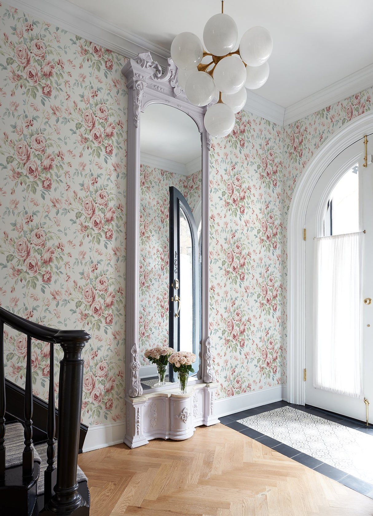 Manon Raspberry Rose Stitch Wallpaper with Botanical Floral Pattern, Country Style - Chesapeake 4072-70023