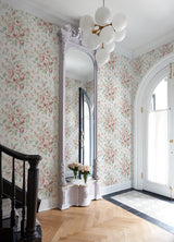Manon Raspberry Rose Stitch Wallpaper with Botanical Floral Pattern, Country Style - Chesapeake 4072-70023
