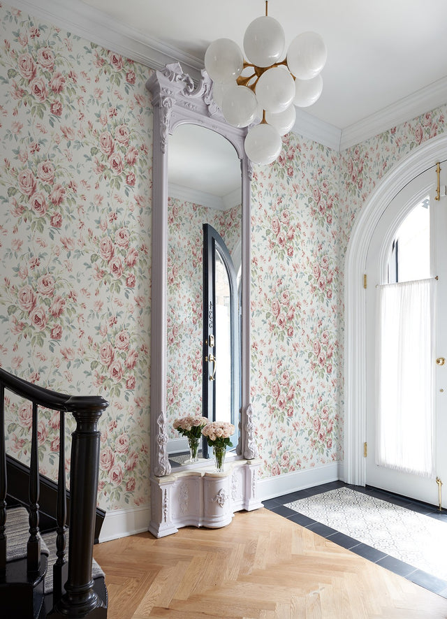 Manon Raspberry Rose Stitch Wallpaper with Botanical Floral Pattern, Country Style - Chesapeake 4072-70023
