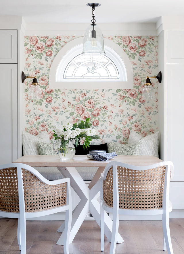 Manon Raspberry Rose Stitch Wallpaper with Botanical Floral Pattern, Country Style - Chesapeake 4072-70023