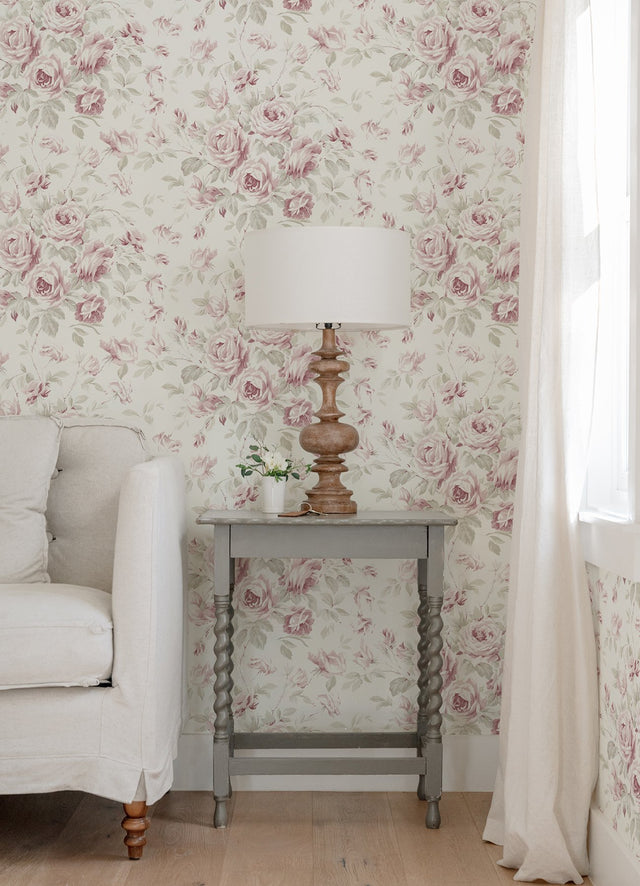 Manon Pink Rose Stitch Wallpaper in Pink with Botanical Floral Motif, Country Style - Chesapeake 4072-70024