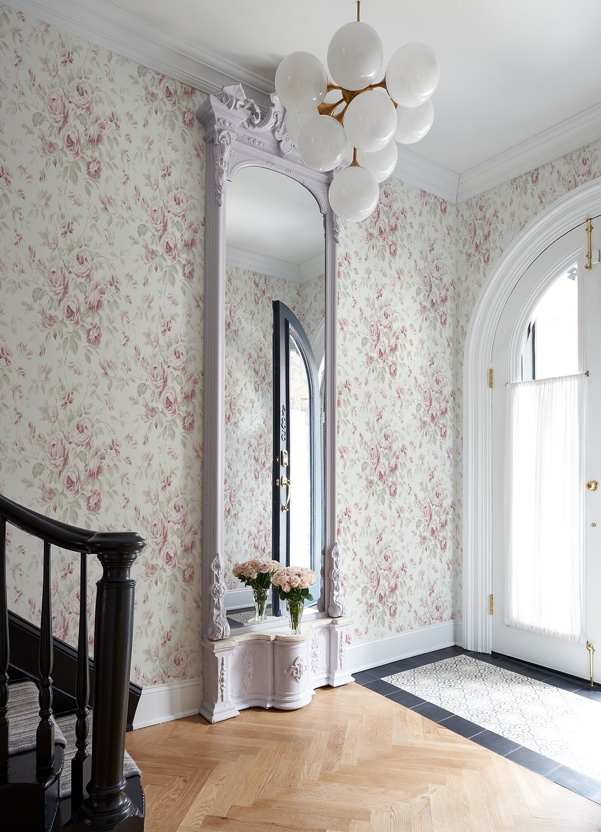 Manon Pink Rose Stitch Wallpaper in Pink with Botanical Floral Motif, Country Style - Chesapeake 4072-70024