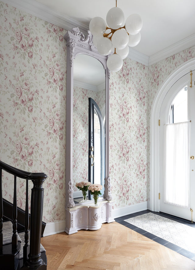 Manon Pink Rose Stitch Wallpaper in Pink with Botanical Floral Motif, Country Style - Chesapeake 4072-70024