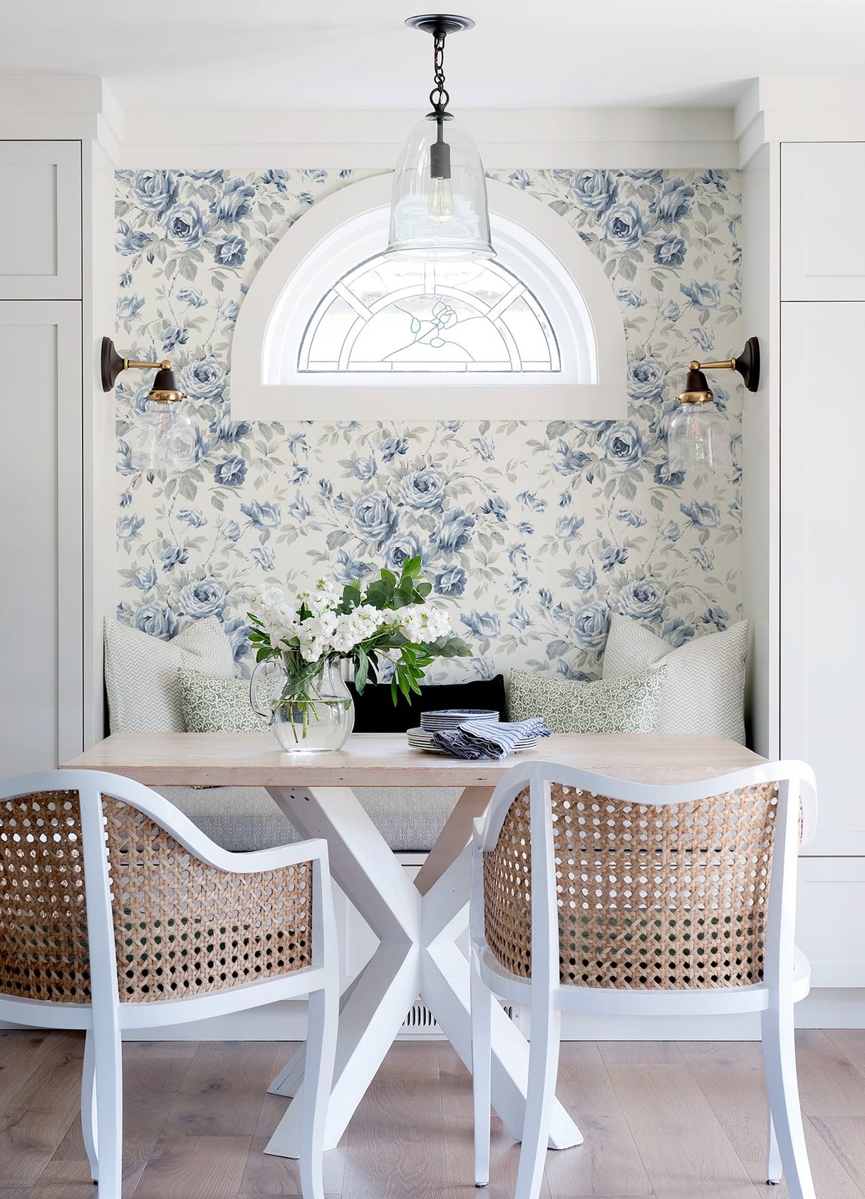 Manon Blue Rose Stitch Wallpaper with Country Botanical Floral Pattern - Chesapeake 4072-70025