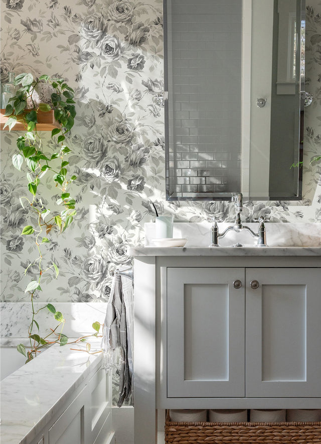 Manon Charcoal Rose Stitch Wallpaper with Botanical Floral Pattern - Chesapeake 4072-70026