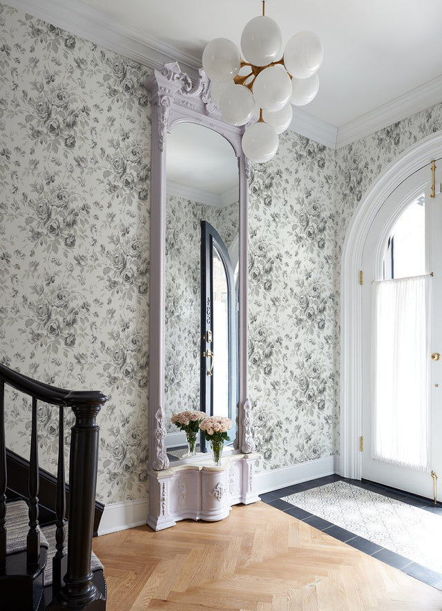 Manon Charcoal Rose Stitch Wallpaper with Botanical Floral Pattern - Chesapeake 4072-70026