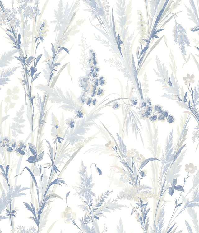 Hillaire Navy Meadow Wallpaper with Country Botanical Pattern, Prepasted Sure Strip - Chesapeake 4072-70028