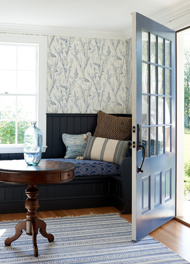Hillaire Navy Meadow Wallpaper with Country Botanical Pattern, Prepasted Sure Strip - Chesapeake 4072-70028