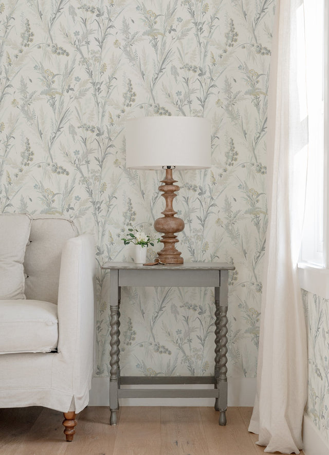 Hillaire Light Blue Meadow Wallpaper with Botanical Country Motif - Chesapeake 4072-70030