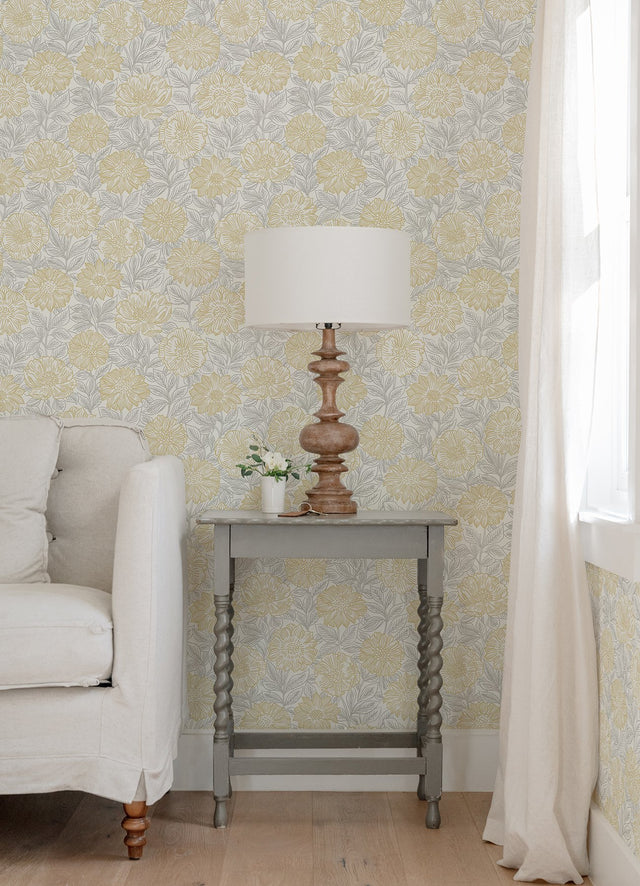 Faustin Yellow Floral Wallpaper with Botanical Country Motif - Brewster 4072-70048