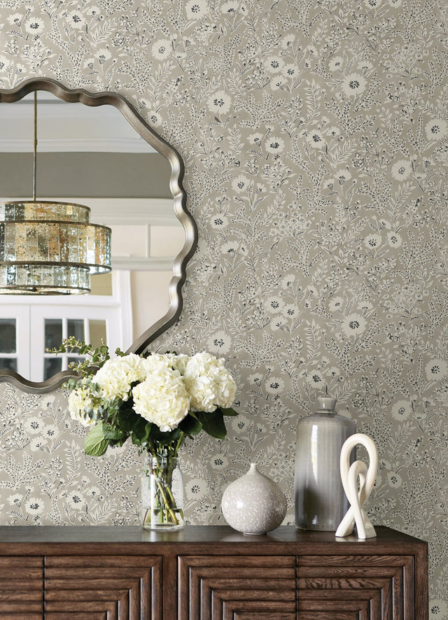 Agathon Taupe Floral Wallpaper with Country Botanical Flowers Pattern - Chesapeake 4072-70049