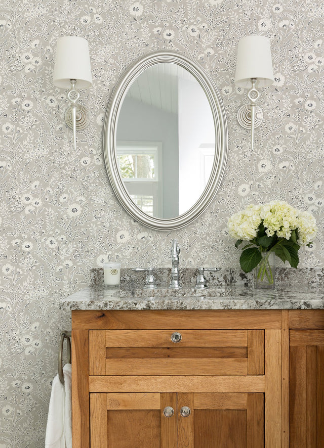 Agathon Taupe Floral Wallpaper with Country Botanical Flowers Pattern - Chesapeake 4072-70049