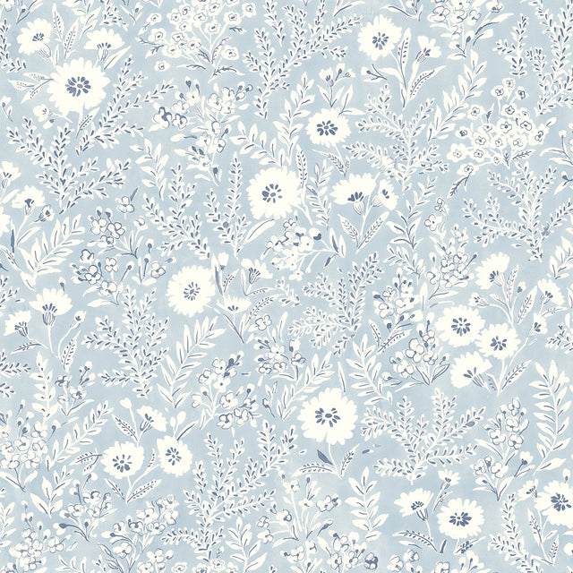 Agathon Light Blue Floral Wallpaper with Country Botanical Flowers Motif - Chesapeake 4072-70050