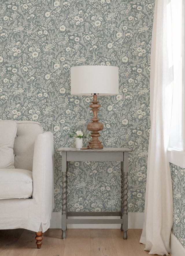 Agathon Blue Floral Wallpaper with Country Botanical Flower Pattern - Chesapeake 4072-70051