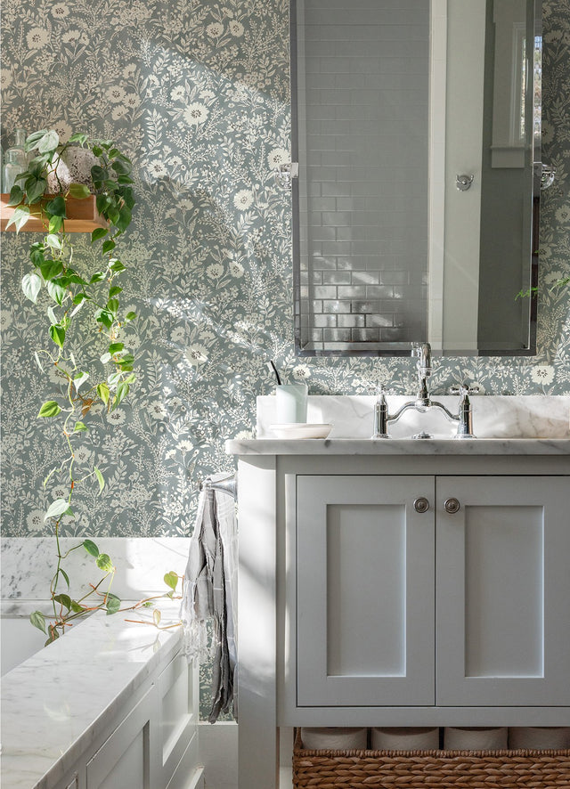 Agathon Blue Floral Wallpaper with Country Botanical Flower Pattern - Chesapeake 4072-70051