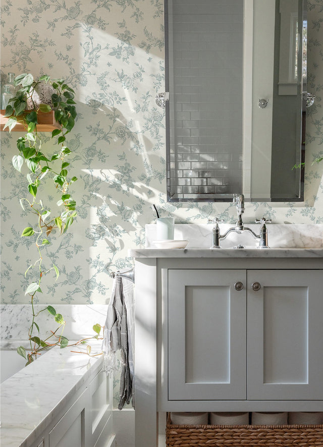 Nightingale Seafoam Floral Trail Wallpaper with Botanical Flowers Trail - Chesapeake 4072-70062