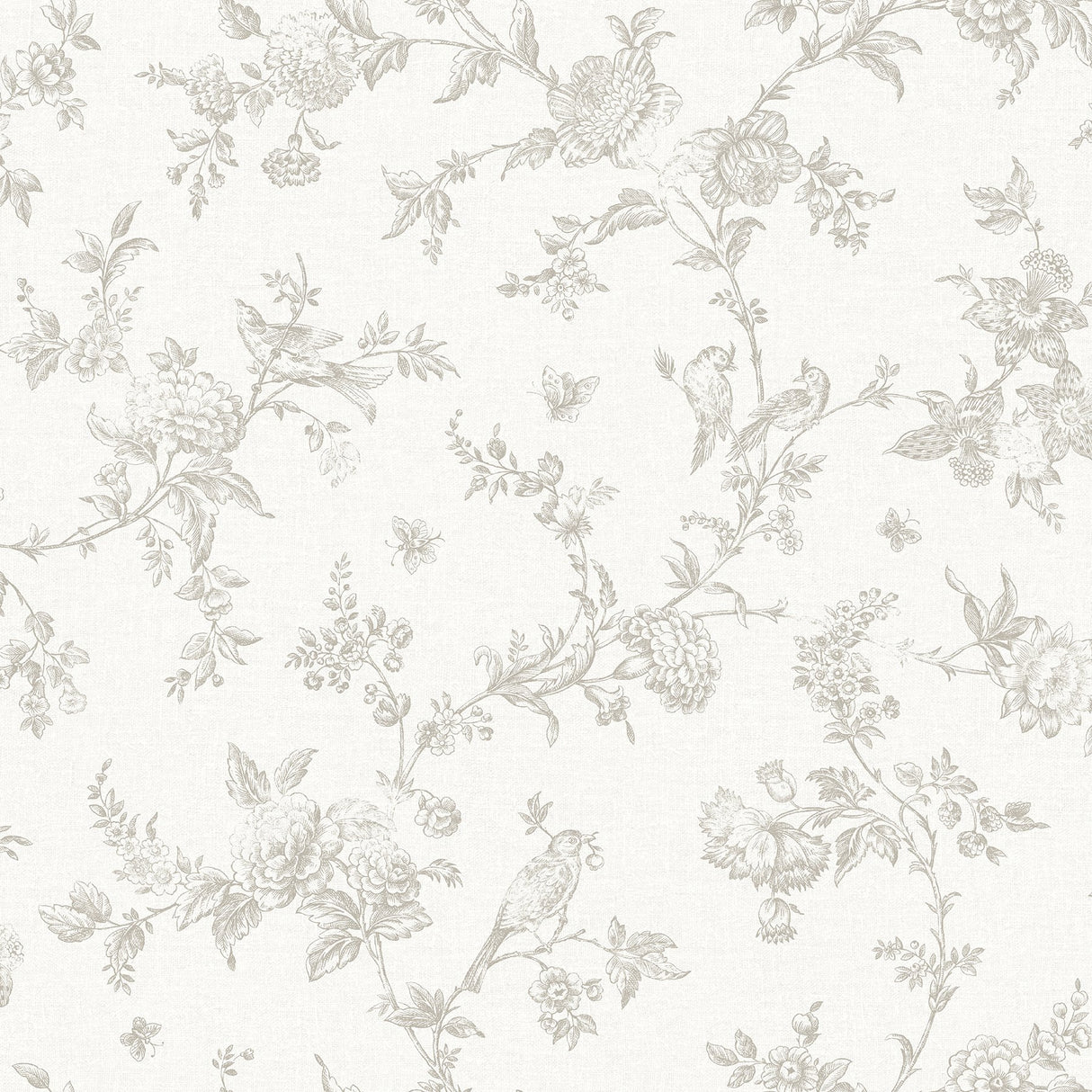 Nightingale Taupe Floral Trail Wallpaper with Botanical Birds on Faux Linen - Chesapeake 4072-70063