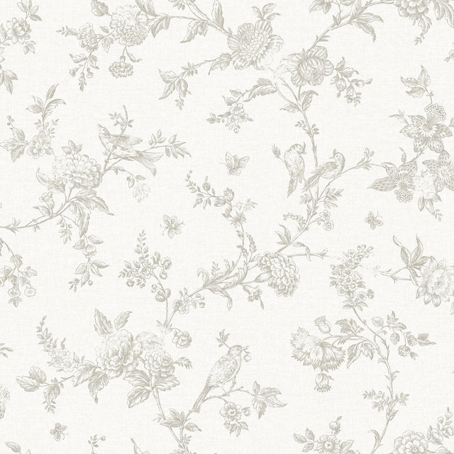 Nightingale Taupe Floral Trail Wallpaper with Botanical Birds on Faux Linen - Chesapeake 4072-70063