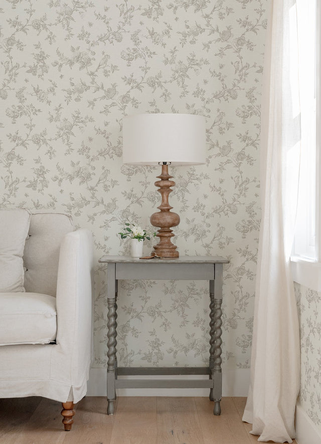 Nightingale Taupe Floral Trail Wallpaper with Botanical Birds on Faux Linen - Chesapeake 4072-70063