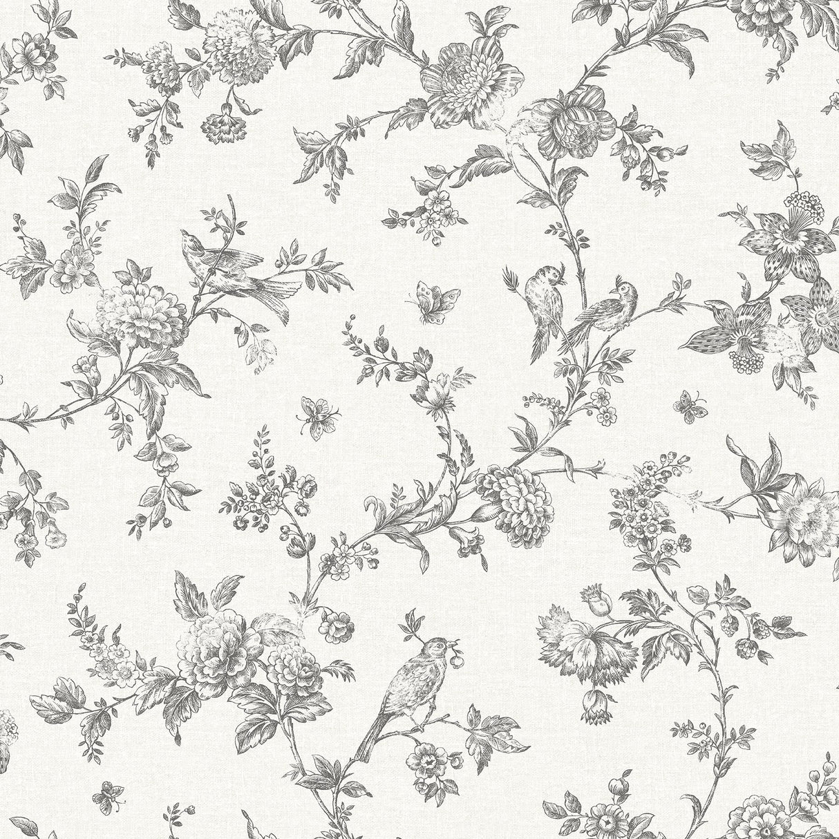 Nightingale Charcoal Floral Trail Wallpaper with Country Botanical Bird Motif - Chesapeake 4072-70065