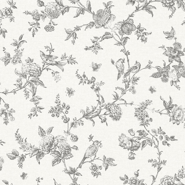 Nightingale Charcoal Floral Trail Wallpaper with Country Botanical Bird Motif - Chesapeake 4072-70065