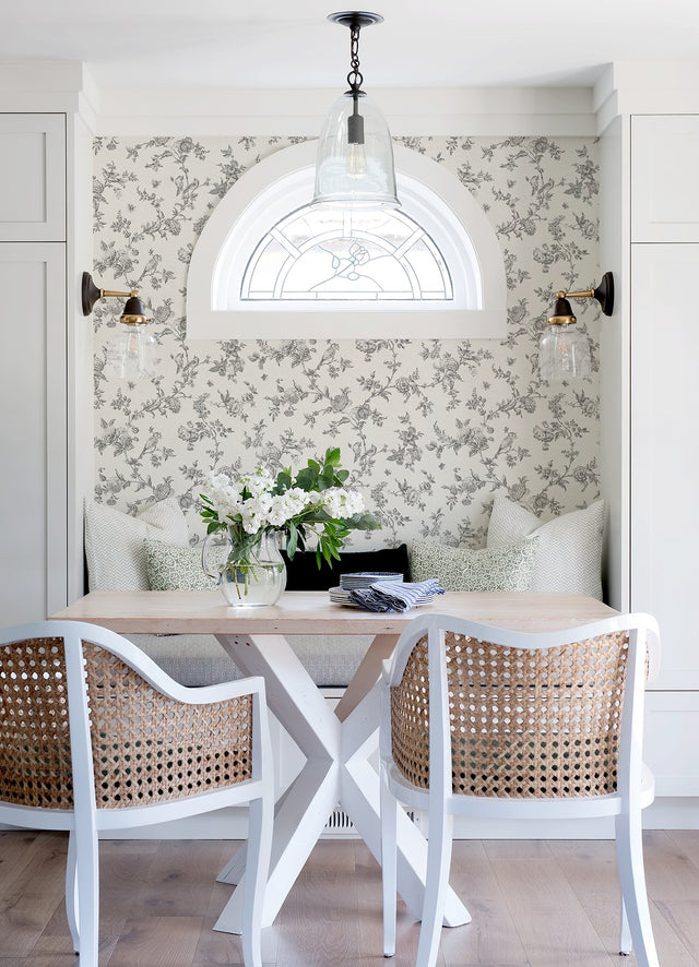 Nightingale Charcoal Floral Trail Wallpaper with Country Botanical Bird Motif - Chesapeake 4072-70065
