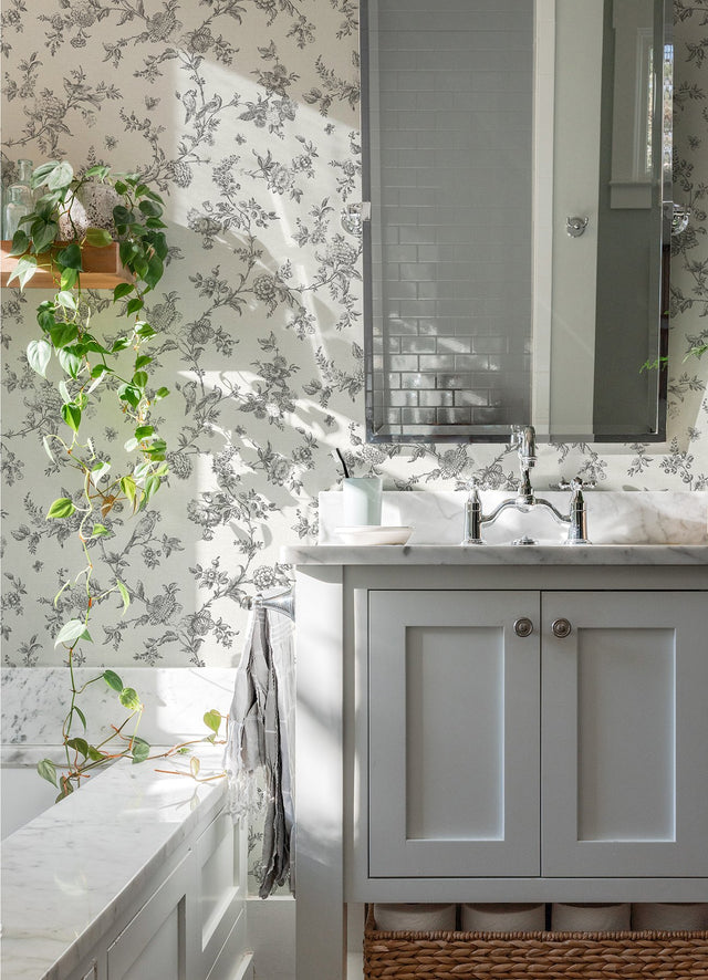 Nightingale Charcoal Floral Trail Wallpaper with Country Botanical Bird Motif - Chesapeake 4072-70065