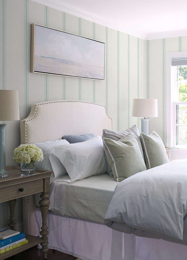 Linette Seafoam Fabric Stripe Wallpaper with Country Fabric & Woven Textures Pattern - Chesapeake 4072-70068