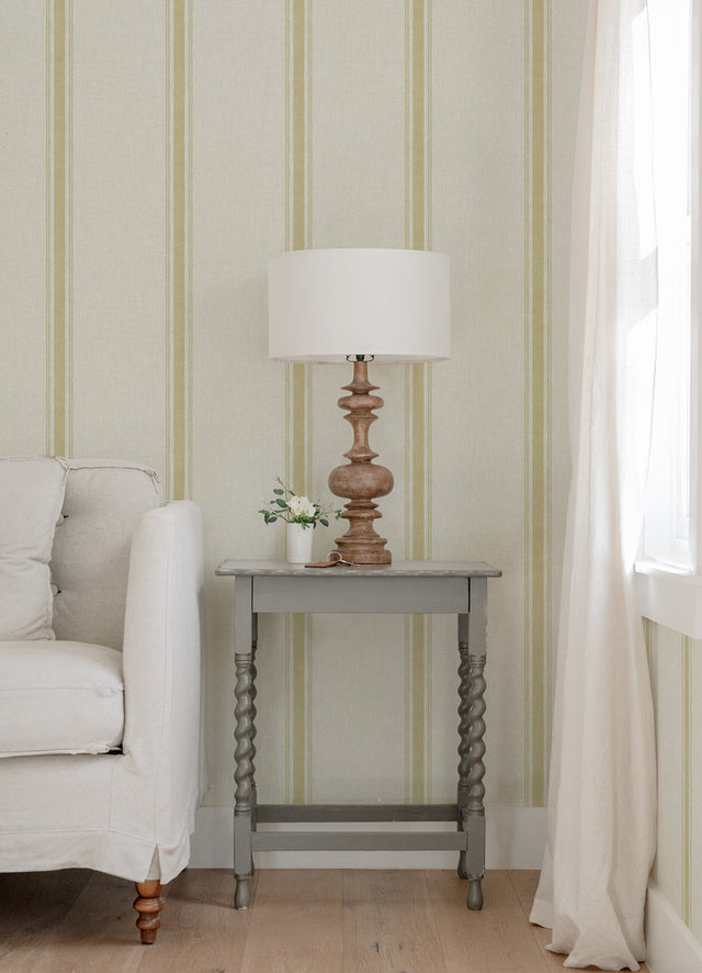 Linette Wheat Fabric Stripe Wallpaper with Country Fabric & Woven Textures Pattern - Chesapeake 4072-70069