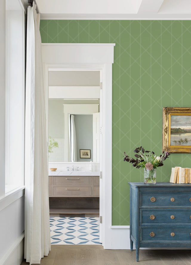 Walcott Light Green Stitched Trellis Wallpaper with Geometric Stitched Lattice - A-Street Prints 4074-26605