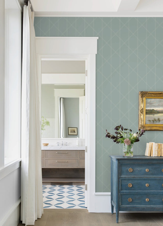 Walcott Seafoam Stitched Trellis Wallpaper with Modern Geometric Pattern - Brewster 4074-26606