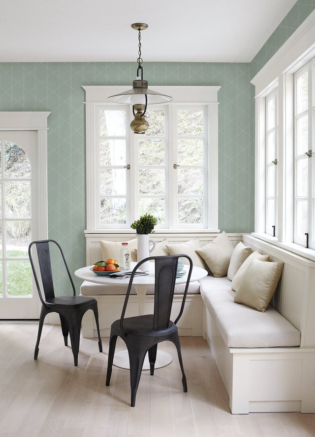 Walcott Seafoam Stitched Trellis Wallpaper with Modern Geometric Pattern - Brewster 4074-26606