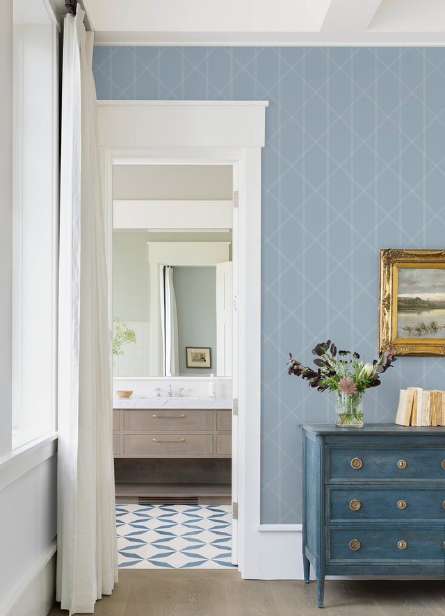 Walcott Light Blue Stitched Trellis Wallpaper with Modern Geometric Pattern - A-Street Prints 4074-26607
