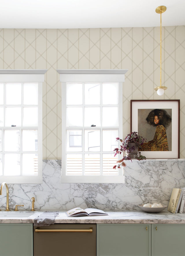 Walcott Cream Stitched Trellis Wallpaper with Metallic Gold Geometric Trellis - A-Street Prints 4074-26608