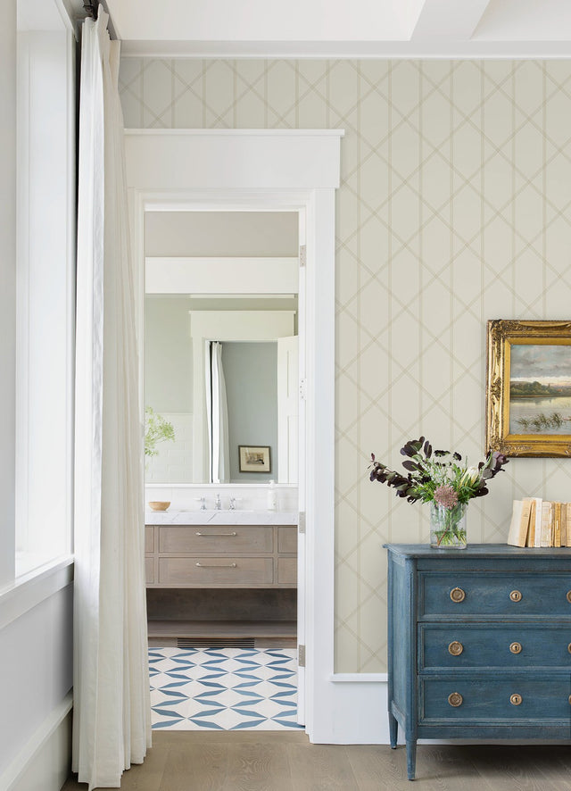 Walcott Cream Stitched Trellis Wallpaper with Metallic Gold Geometric Trellis - A-Street Prints 4074-26608