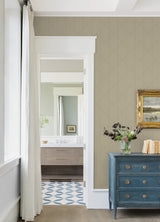 Walcott Taupe Stitched Trellis Wallpaper with Metallic Geometric Pattern - A-Street Prints 4074-26610