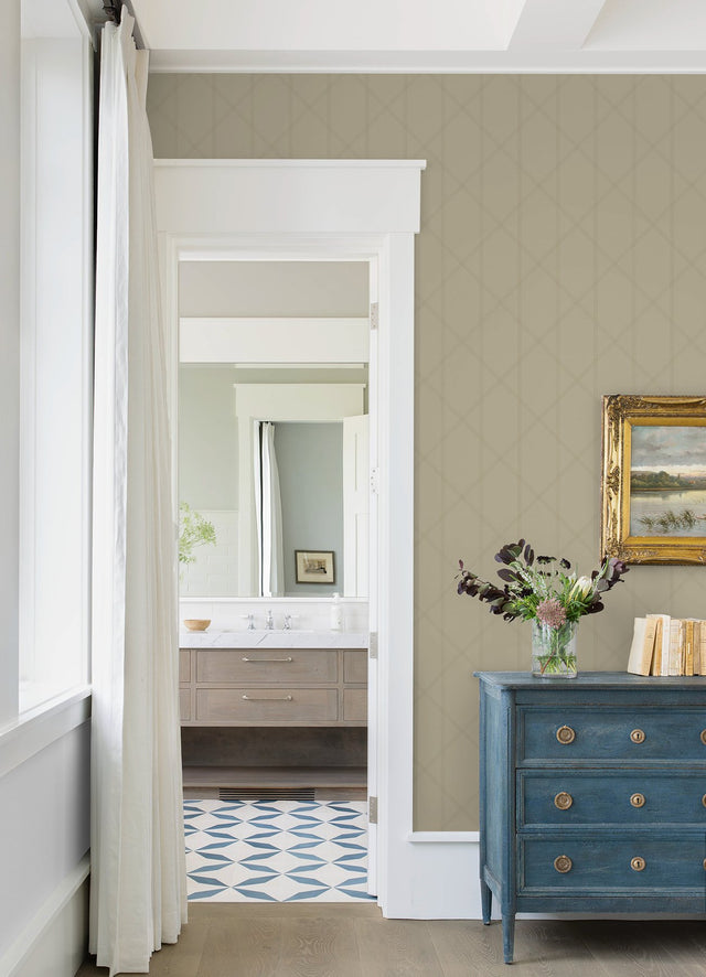 Walcott Taupe Stitched Trellis Wallpaper with Metallic Geometric Pattern - A-Street Prints 4074-26610