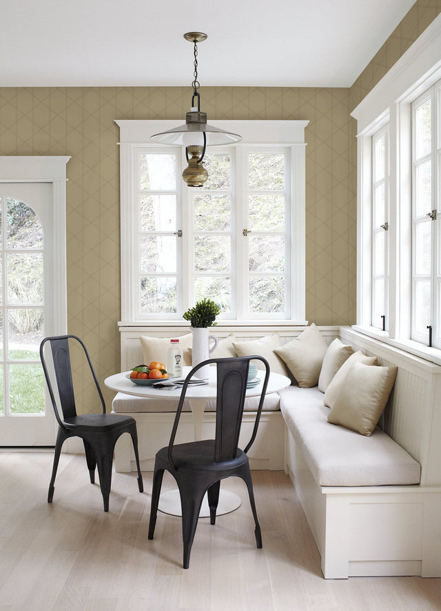 Walcott Taupe Stitched Trellis Wallpaper with Metallic Geometric Pattern - A-Street Prints 4074-26610