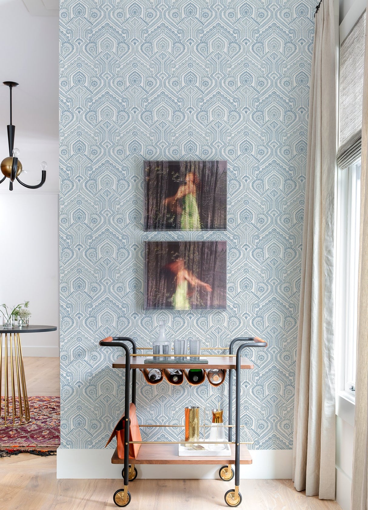 Fernback Blue Ornate Botanical Wallpaper with Arts & Crafts Floral Columns - A-Street Prints 4074-26611