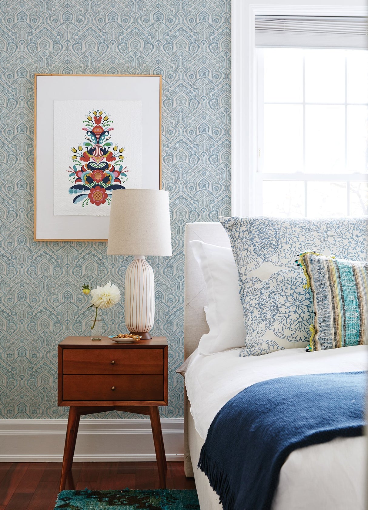 Fernback Blue Ornate Botanical Wallpaper with Arts & Crafts Floral Columns - A-Street Prints 4074-26611