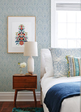 Fernback Blue Ornate Botanical Wallpaper with Arts & Crafts Floral Columns - A-Street Prints 4074-26611